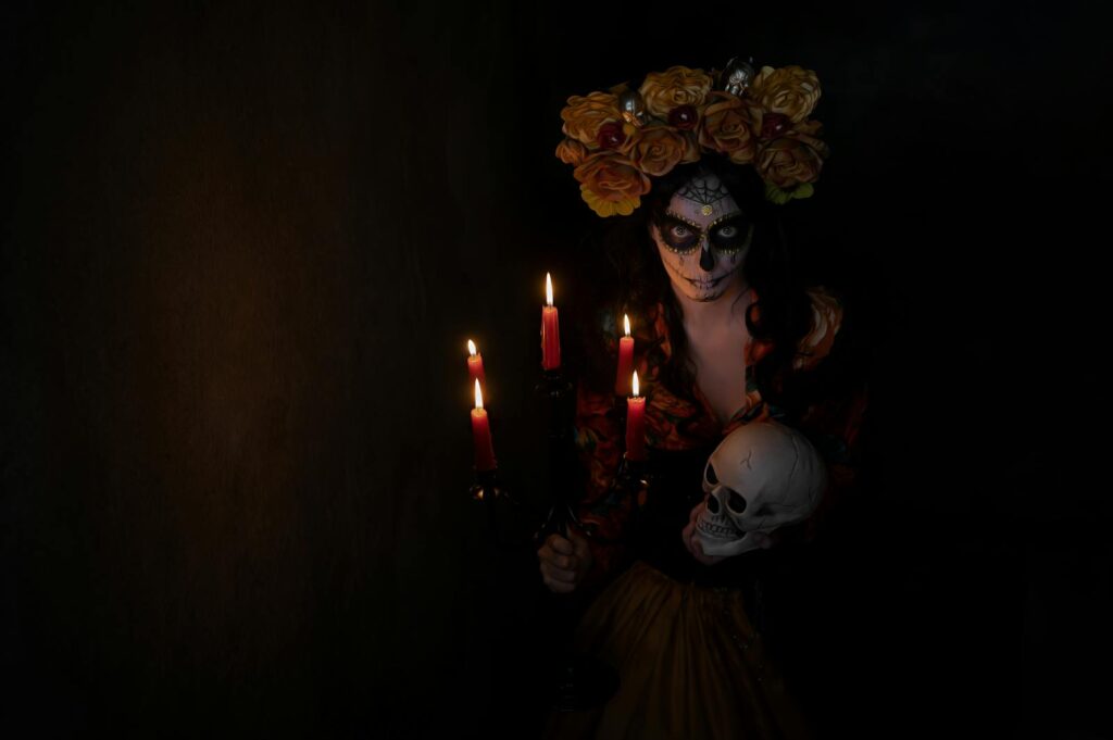 Woman Wearing Traditional Dia De Los Muertos Costume